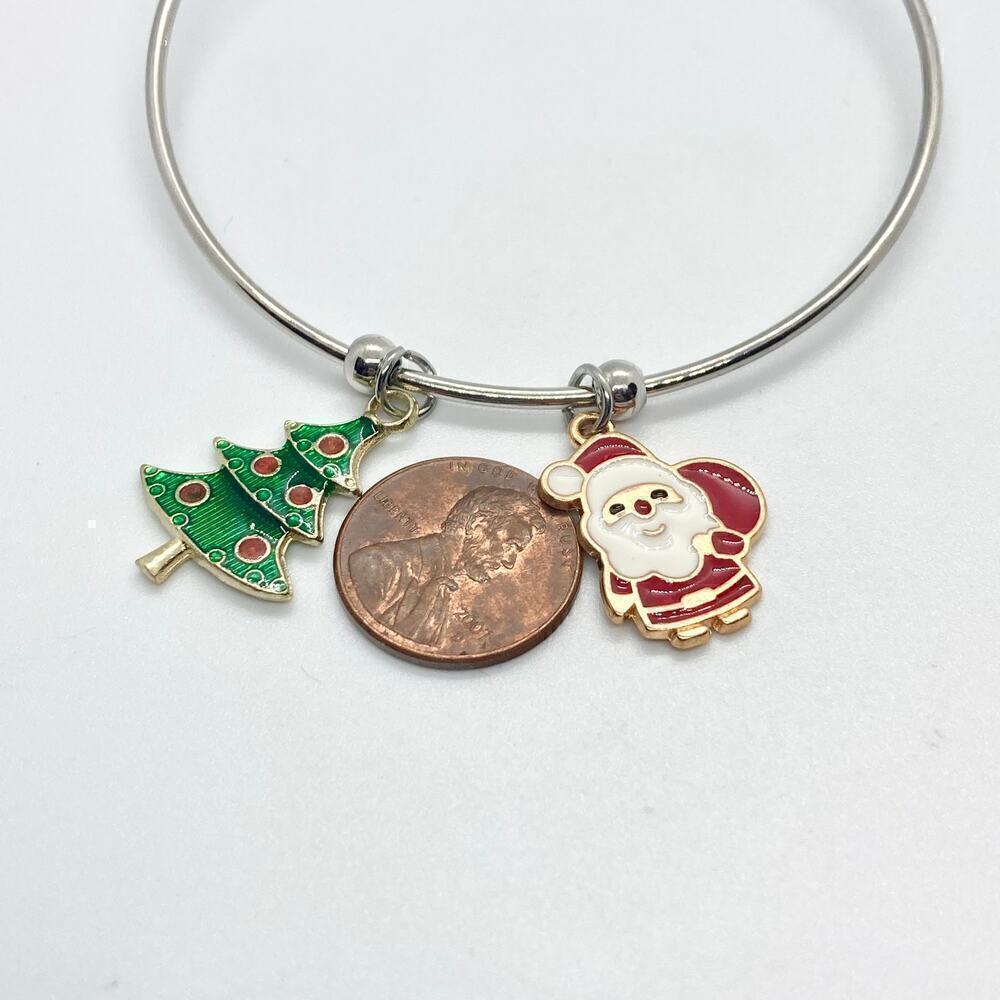 Bangle Charm Bracelet Santa Claus Christmas Tree Silver Tone - Picture 5 of 6